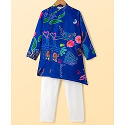Pine Kids Woven Full Sleeves Floral Printed Kurta Pyjama Set - Blue