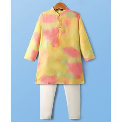Pine Kids Woven Full Sleeves Tie-Dye Stone Embellished Kurta & Pyjama Set - Yellow