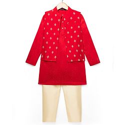 Pine Kids Woven Full Sleeves Solid Colour Kurta Pajama Set with Floral Embroidered Nehru Jacket - Red