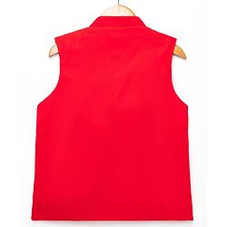Pine Kids Woven Full Sleeves Solid Colour Kurta Pajama Set with Floral Embroidered Nehru Jacket - Red