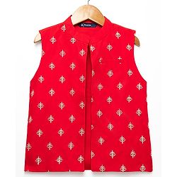 Pine Kids Woven Full Sleeves Solid Colour Kurta Pajama Set with Floral Embroidered Nehru Jacket - Red