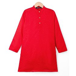 Pine Kids Woven Full Sleeves Solid Colour Kurta Pajama Set with Floral Embroidered Nehru Jacket - Red