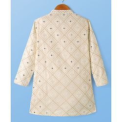 Pine Kids Woven Kurta and Pyjama with Full Sleeves, Diamond Grid Embroidery and Sequins in White for 4-5 Years