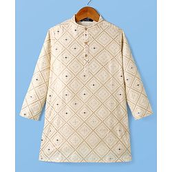 Pine Kids Woven Kurta and Pyjama with Full Sleeves, Diamond Grid Embroidery and Sequins in White for 4-5 Years