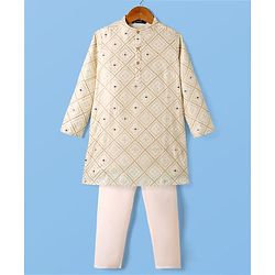 Pine Kids Woven Kurta and Pyjama with Full Sleeves, Diamond Grid Embroidery and Sequins in White for 4-5 Years