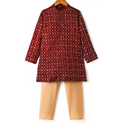 Pine Kids Woven Full Sleeves Floral Embroidered Kurta & Pyjama Set - Maroon