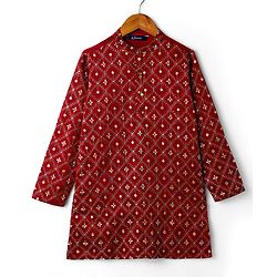 Pine Kids Woven Full Sleeves Floral Embroidered Kurta & Pyjama Set - Maroon