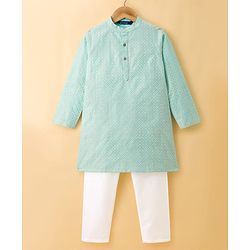 Pine Kids Woven Full Sleeves Kurta Pajama Set with Dot Design - Light Blue