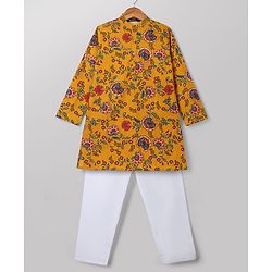 Pine Kids 100% Cotton Woven Full Sleeves Floral Printed Kurta & Pyjama Set -Mustard