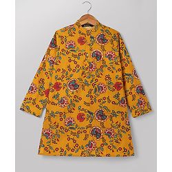 Pine Kids 100% Cotton Woven Full Sleeves Floral Printed Kurta & Pyjama Set -Mustard