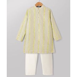 Pine Kids Woven Kurta Pyjama Set with Full Sleeves and Stripe Sequins in Grey for 4-5 Years