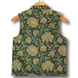 Pine Kids Woven Full Sleeves Kurta Pajama Set with Floral Printed Nehru Jacket - Olive