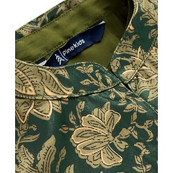 Pine Kids Woven Full Sleeves Kurta Pajama Set with Floral Printed Nehru Jacket - Olive
