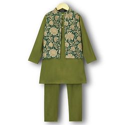 Pine Kids Woven Full Sleeves Kurta Pajama Set with Floral Printed Nehru Jacket - Olive