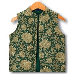 Pine Kids Woven Full Sleeves Kurta Pajama Set with Floral Printed Nehru Jacket - Olive