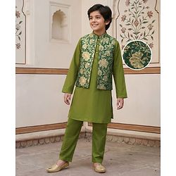 Pine Kids Woven Full Sleeves Kurta Pajama Set with Floral Printed Nehru Jacket - Olive
