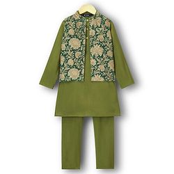 Pine Kids Woven Full Sleeves Kurta Pajama Set with Floral Printed Nehru Jacket - Olive