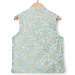 Pine Kids Woven Full Sleeves Solid Colour Kurta Pajama Set with Floral Brocade Nehru Jacket - Sky Blue