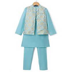 Pine Kids Woven Full Sleeves Solid Colour Kurta Pajama Set with Floral Brocade Nehru Jacket - Sky Blue