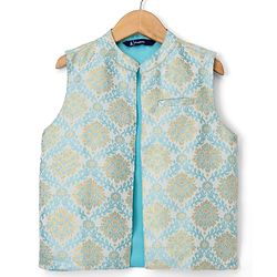 Pine Kids Woven Full Sleeves Solid Colour Kurta Pajama Set with Floral Brocade Nehru Jacket - Sky Blue