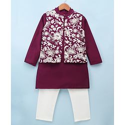 Pine Kids Woven Full Sleeves Kurta Pyjama Set With Floral Embroidered Jacket - Wine