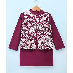 Pine Kids Woven Full Sleeves Kurta Pyjama Set With Floral Embroidered Jacket - Wine