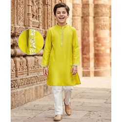 Pine Kids Woven Full Sleeves Kurta Pyjama Set with Embroidered Placket - Lime Green