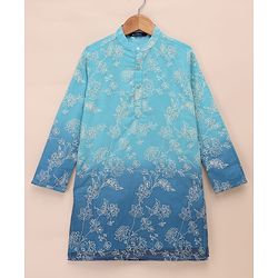 Pine Kids Woven Full Sleeves Kurta & Pyjama Set with Floral Embroidery in Blue
