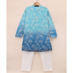 Pine Kids Woven Full Sleeves Kurta & Pyjama Set with Floral Embroidery in Blue