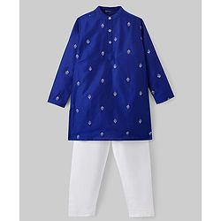 Pine Kids Woven Full Sleeves Kurta Pyjama Set With Leaves Embroidery - Navy Blue