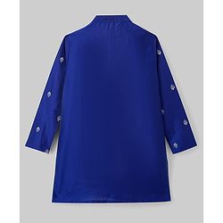 Pine Kids Woven Full Sleeves Kurta Pyjama Set With Leaves Embroidery - Navy Blue