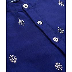 Pine Kids Woven Full Sleeves Kurta Pyjama Set With Leaves Embroidery - Navy Blue