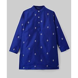 Pine Kids Woven Full Sleeves Kurta Pyjama Set With Leaves Embroidery - Navy Blue
