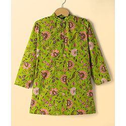 Pine Kids Cotton Woven Full Sleeves Floral Printed Kurta Pajama Set - Limegreen