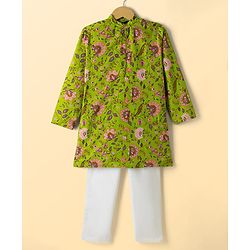 Pine Kids Cotton Woven Full Sleeves Floral Printed Kurta Pajama Set - Limegreen