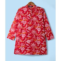 Pine Kids Cotton Woven Full Sleeves Kurta Pajama Set with Floral Print -Dark Red