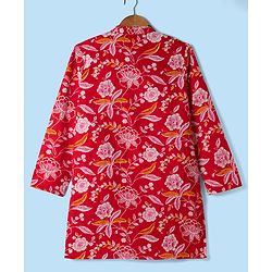 Pine Kids Cotton Woven Full Sleeves Kurta Pajama Set with Floral Print -Dark Red