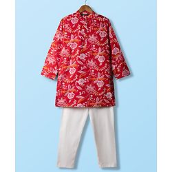 Pine Kids Cotton Woven Full Sleeves Kurta Pajama Set with Floral Print -Dark Red