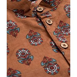 Pine Kids Cotton Woven Full Sleeves Floral Printed Kurta Pajama Set - Light Brown