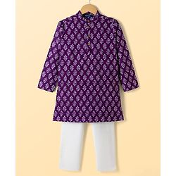 Pine Kids Cotton Woven Full Sleeves Floral Printed Kurta Pajama Set - Purple