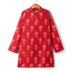 Pine Kids Cotton Woven Full Sleeves Floral Printed Kurta - Red