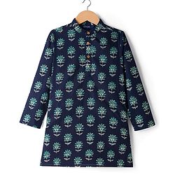Pine Kids Cotton Woven Full Sleeves Floral Printed Kurta - Navy
