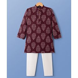 Pine Kids Cotton Woven Full Sleeves Floral Printed Kurta & Pyjama Set - Maroon