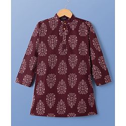 Pine Kids Cotton Woven Full Sleeves Floral Printed Kurta & Pyjama Set - Maroon