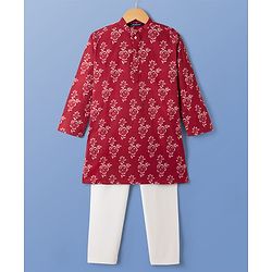Pine Kids Cotton Woven Full Sleeves Floral Printed Kurta & Pyjama Set - Rust Orange