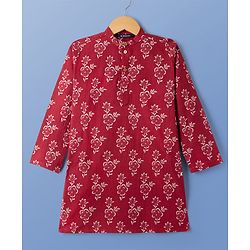 Pine Kids Cotton Woven Full Sleeves Floral Printed Kurta & Pyjama Set - Rust Orange
