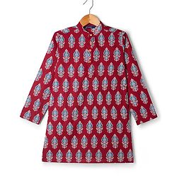 Pine Kids Cotton Woven Full Sleeves Floral Printed Kurta - Dark Red