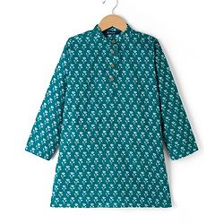 Pine Kids Cotton Woven Full Sleeves Floral Printed Kurta - Teal