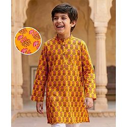 Pine Kids Cotton Woven Full Sleeves Floral Printed Kurta - Mustard
