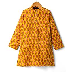 Pine Kids Cotton Woven Full Sleeves Floral Printed Kurta - Mustard